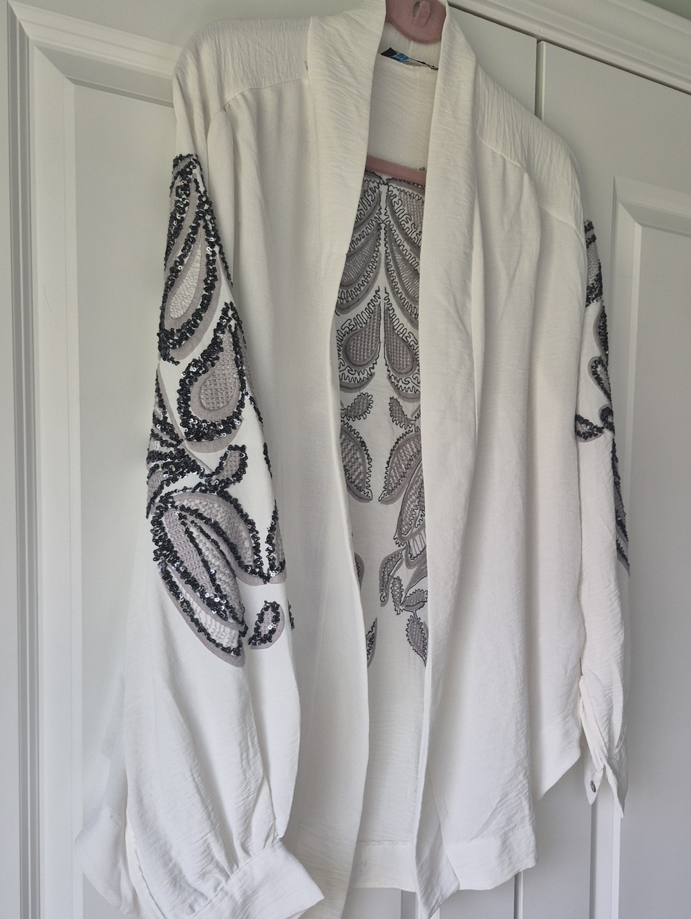 Beautiful Off White With Grey Embroidery Outlined With Black Sequence. L